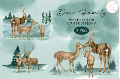 Watercolor Deer Family Clipart. Woodland Animals Compositions PNG