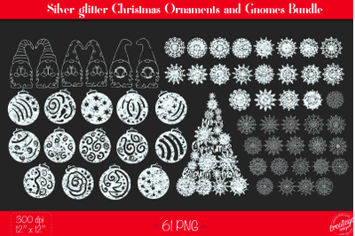 Silver Glitter Christmas ornaments and Christmas Gnomes