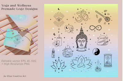 Premade Yoga and Wellness Logo Designs, Abstract Spiritual Symbols.