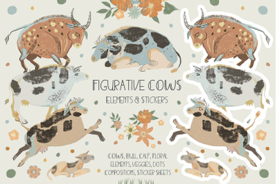 Figurative Cows PNG. Sublimation designs. Digital Stickers.