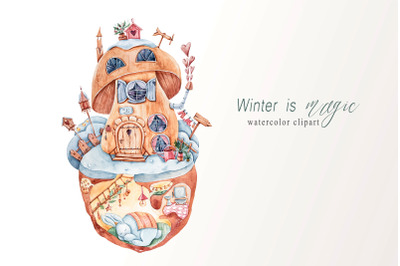 Watercolor cute bunny house clipart - Christmas illustration