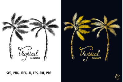 Two palms tree silhouette Tropical summer sublimation design