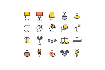 Lamp Lighting Sign Color Thin Line Icon Set. Vector