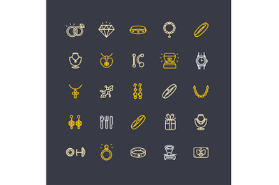 Jewelry Gold Sign Color Thin Line Icon Set. Vector