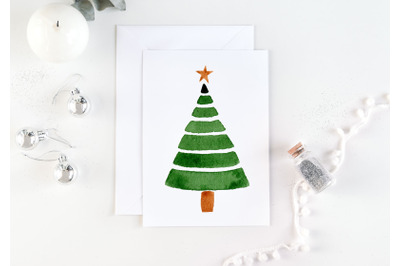 Watercolor christmas card, green christmas tree. Simple Christmas