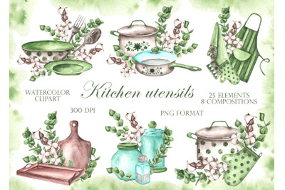 Kitchen utensils watercolor clipart. Kitchenware, recipe, cookbook