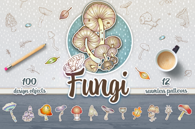 Fungi - AI, EPS10, SVG, PNG objects and patterns set