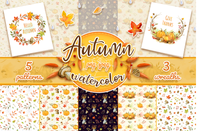 Autumn Watercolor Wreaths and patterns - 300 dpi PNG, JPEG