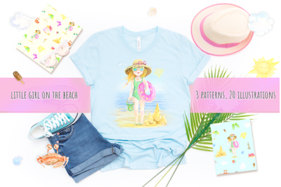Girl on the Beach - Watercolor illustrations, 3 patterns.