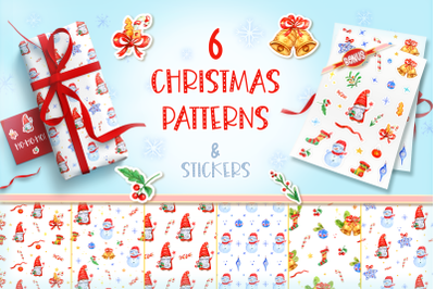 6 Christmas / New Year patterns &amp; stickers - watercolor PNG