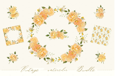 Vintage Watercolor Bundle of Realistic Yellow Roses