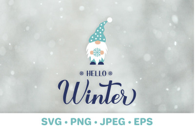 Hello Winter. Winter quote. Winter gnome SVG