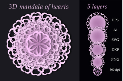 3D mandala of hearts. Files for cutting