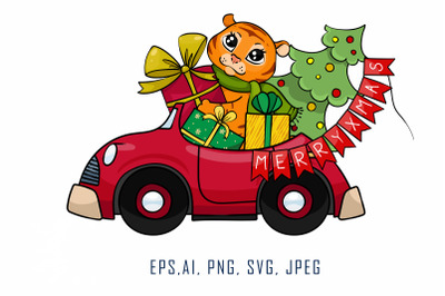 Cute little tiger rides a red car. Christmas character