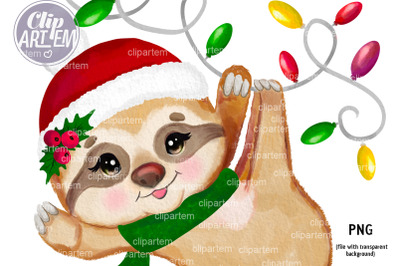 Happy Christmas Baby Girl Sloth PNG Watercolor  Sublimation Clip Art