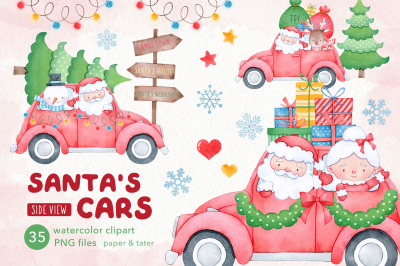 Watercolor Santa Cars Clipart, Side View Christmas Vehicles PNG