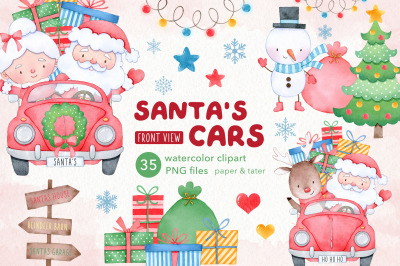 Santa&amp;#039;s Cars Watercolor Clipart, Front View Christmas Vehicles PNG