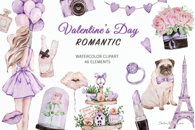 Valentine Day clip art, Watercolor Romantic time