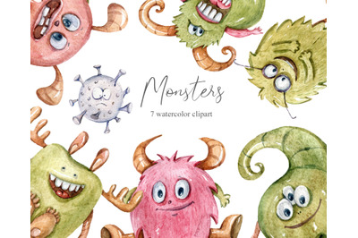 Watercolor monster clipart - 7 cute illustrations- PNG