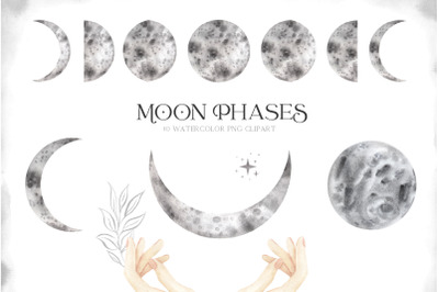 Moon Phases Clipart. Watercolor magic witchy illutrations PNG