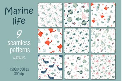 Marine life seamless patterns