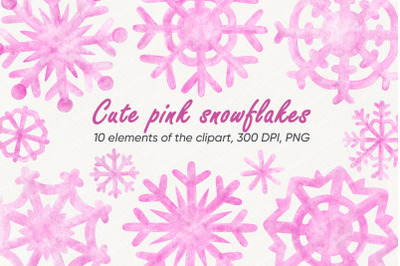 cute pink snowflakes, Watercolor illustrations