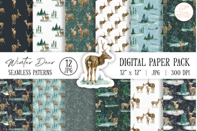 Watercolor Deer Digital Paper Pack. WInter Woodland Seamless Patterns