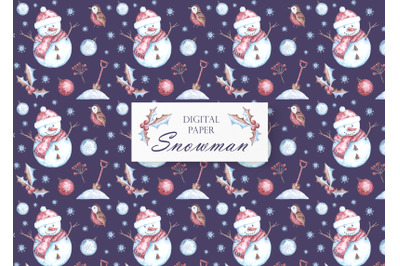 Snowman watercolor digital paper, seamless pattern. Winter, Christmas