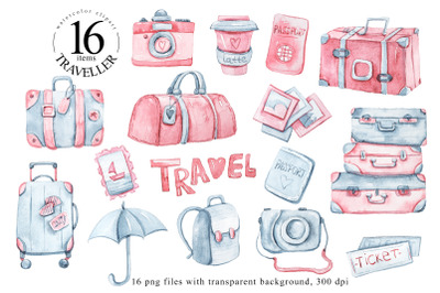 Watercolor travel clipart- 16 png files