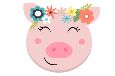 Pig face svg with flowers, Cute pig svg, pig clip art, pig svg design,