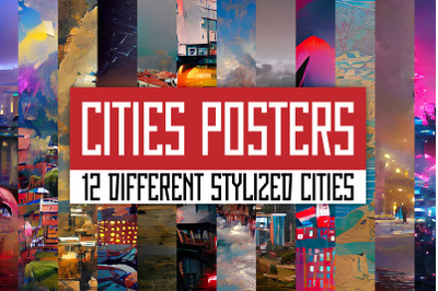 12 different posters with cities