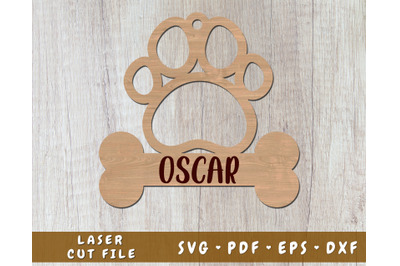 Dog Paw With Bone Laser SVG Cut File, Personalizable Dog Print SVG