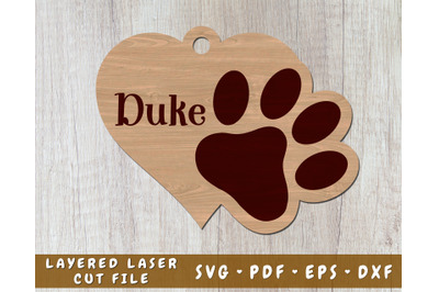 Dog Paw Heart Laser SVG Cut File, Personalizable Dog Print Laser SVG