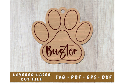 Dog Paw Laser SVG Cut File, Personalizable Dog Print Laser SVG