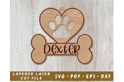 Dog Paw With Bone Laser SVG Cut File, Personalizable Dog Print SVG