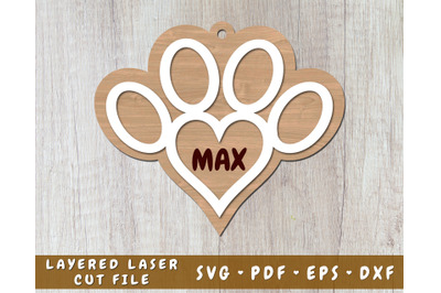 Dog Paw Heart Laser SVG Cut File, Personalizable Dog Print Laser SVG