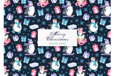 Penguins watercolor digital paper, seamless pattern. Christmas.