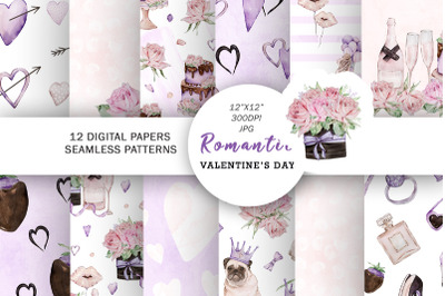 Romantic digital paper, Watercolor Valentines seamless pattern