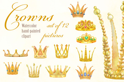 Watercolor golden crowns. Big set
