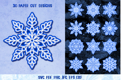3D Snowflakes Papercut Bundle SVG,3D Layered Snowflakes SVG