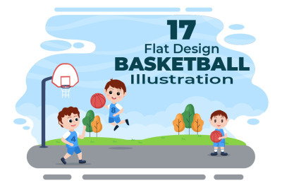 17 Kids Cartoon Playing Basketball Flat Illustration