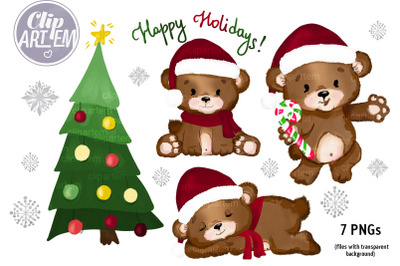 Christmas Teddy Bear Santa Tree New Year Watercolor  7 PNGs clip art