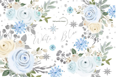 Modern Winter Blue &amp; White Floral Frame Clipart