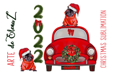 Vintage red car with christmas bulldog santa claus