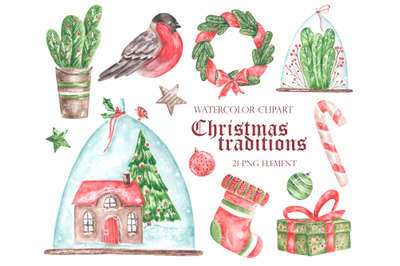 Christmas watercolor clipart. New year, winter, christmas holidays.