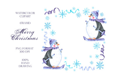 Winter penguins watercolor clipart, frame, border. Cute penguin.