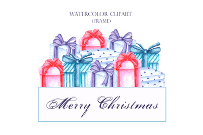 Christmas gifts watercolor clipart, frame, border. New Year, Christmas