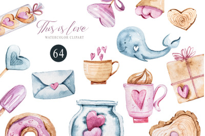Watercolor Valentine&#039;s day clipart- 64 png
