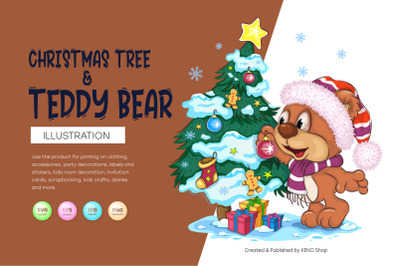 Cartoon Teddy Bear and Christmas tree.