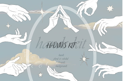 Hands Kit. Clip Art. Floral, celestial elements. Sublimation